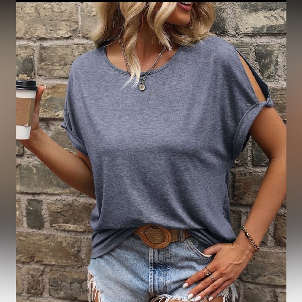 NEW Blue Short Sleeve Top NWOT Heathered Dolman Tee T-Shirt Small Boatneck